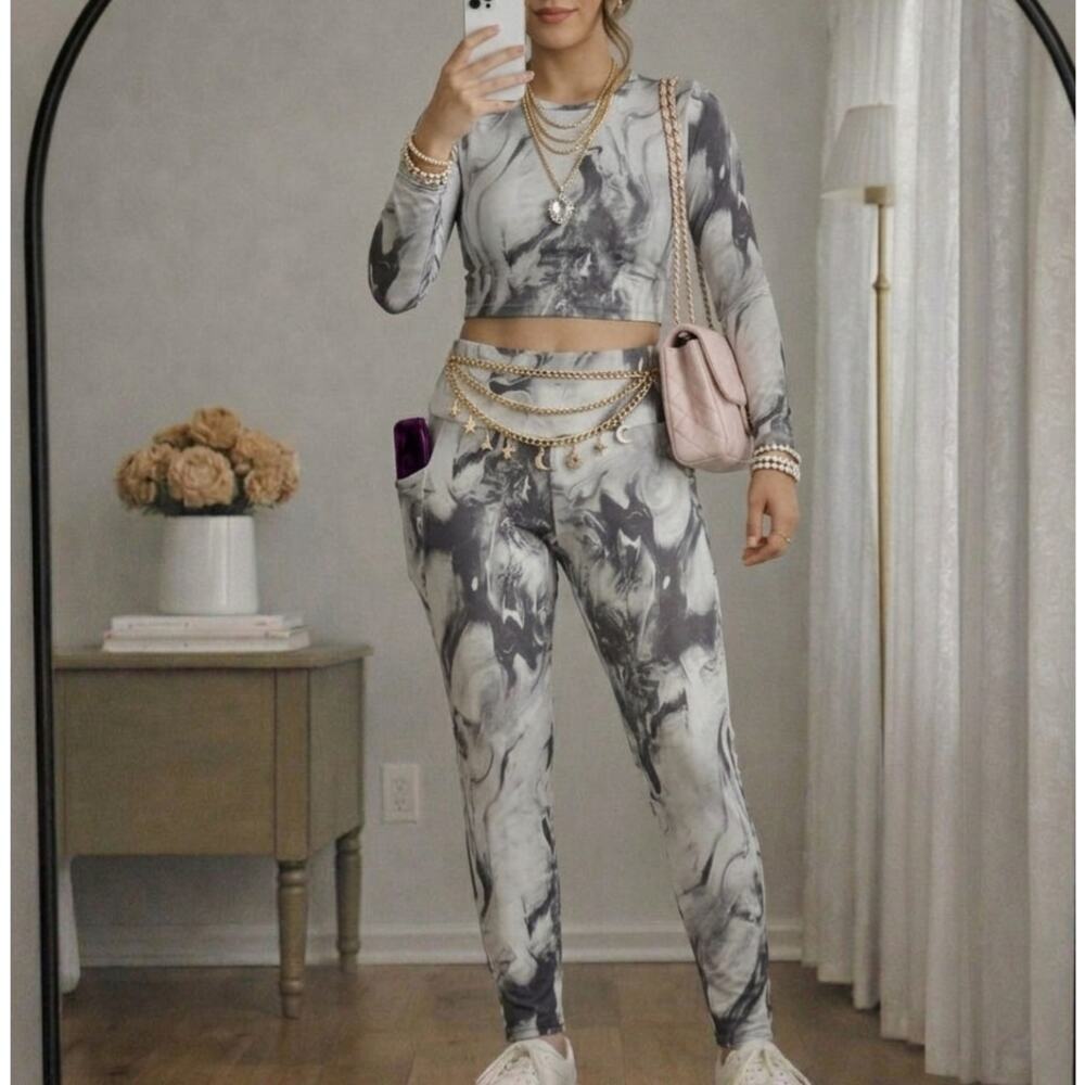 One Step Up Gray Marble Print Leggings 2X